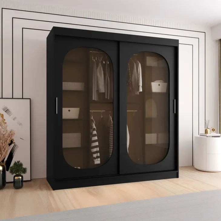 Armadio 180x200h cm 2 ante scorrevoli vetrate nero opaco Elmor