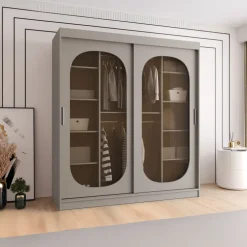 Armadio 180x200h cm 2 ante scorrevoli vetrate beige cashmere Elmor