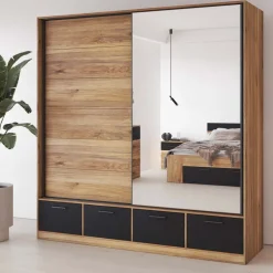 Armadio 200x209h cm 2 ante scorrevoli con specchio 4 cassetti rovere nero Yve