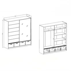Armadio 200x209h cm 2 ante scorrevoli con specchio 4 cassetti rovere nero Yve