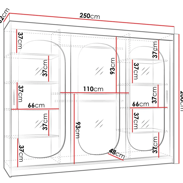 Armadio 250x200h cm 3 ante scorrevoli vetrate nero opaco Elmor