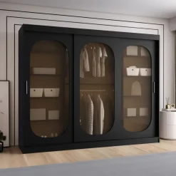 Armadio 250x200h cm 3 ante scorrevoli vetrate nero opaco Elmor