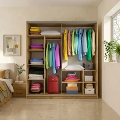 Armadio 200x215h cm 2 ante scorrevoli beige cashmere lucido rovere Elara