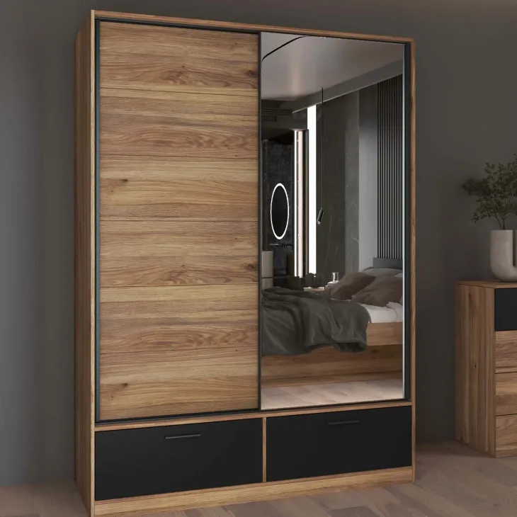 Armadio 150x209h cm 2 ante scorrevoli con specchio 2 cassetti rovere nero Yve