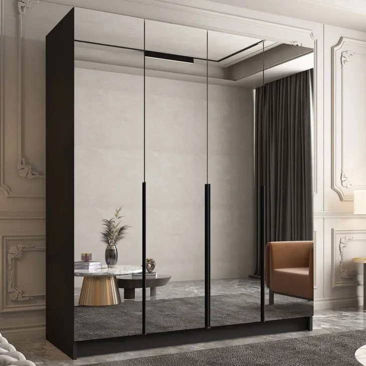 Armadio 200x215h cm 4 ante 4 specchi moderno nero Glammy 4