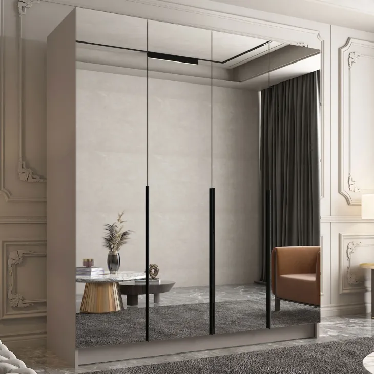 Armadio 200x215h cm 4 ante 4 specchi moderno beige nero Glammy 4