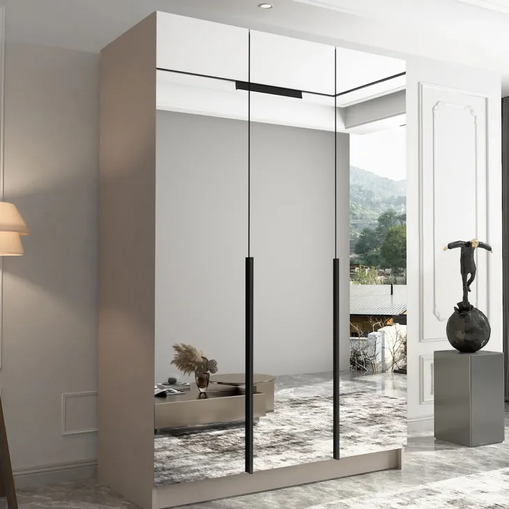Armadio 150x215h cm 3 ante 3 specchi moderno beige nero Glammy 3