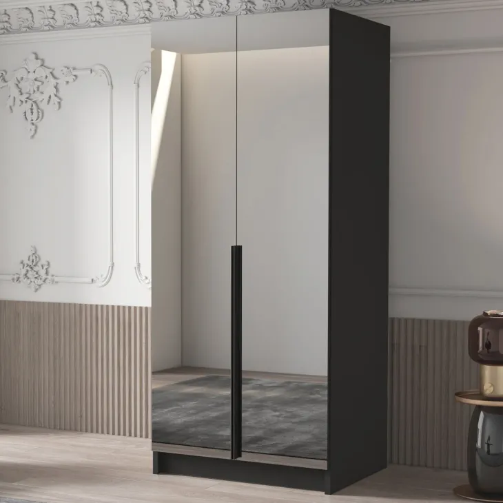 Armadio 100x215h cm 2 ante 2 specchi moderno nero Glammy 2