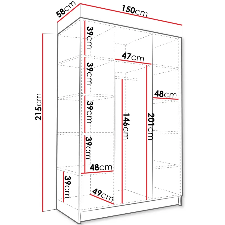 Armadio 150x215h cm 3 ante 1 specchio moderno bianco nero Glammy 3