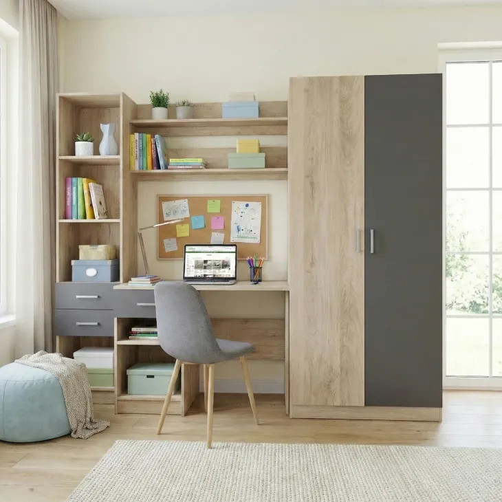 Armadio 220x180h cm cameretta con scrivania e libreria rovere grigio antracite Alex Gihome®