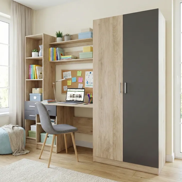 Armadio 220x180h cm cameretta con scrivania e libreria rovere grigio antracite Alex Gihome®