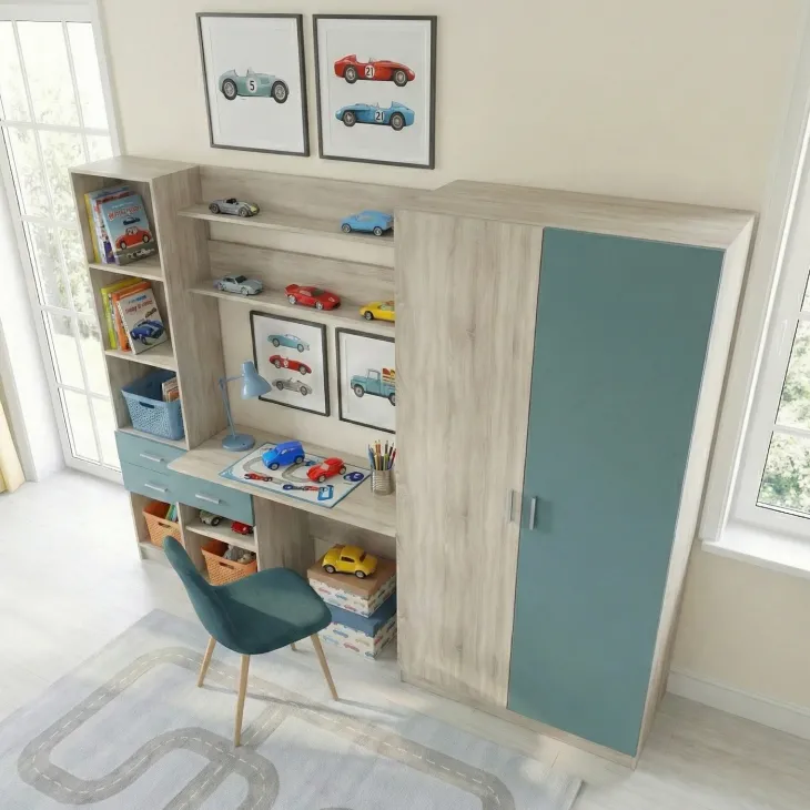 Armadio 220x180h cm cameretta con scrivania e libreria rovere blu petrolio Alex Gihome®