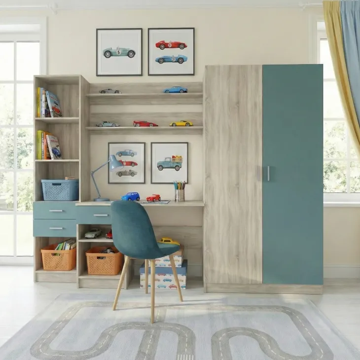 Armadio 220x180h cm cameretta con scrivania e libreria rovere blu petrolio Alex Gihome®