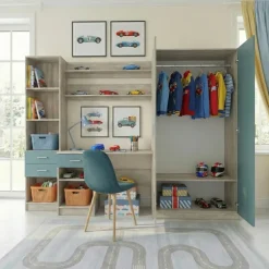 Armadio 220x180h cm cameretta con scrivania e libreria rovere blu petrolio Alex Gihome®