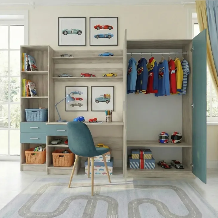 Armadio 220x180h cm cameretta con scrivania e libreria rovere blu petrolio Alex Gihome®