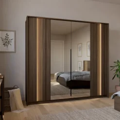 Armadio 223x210h cm con led e specchio 4 ante camera da letto noce Bois