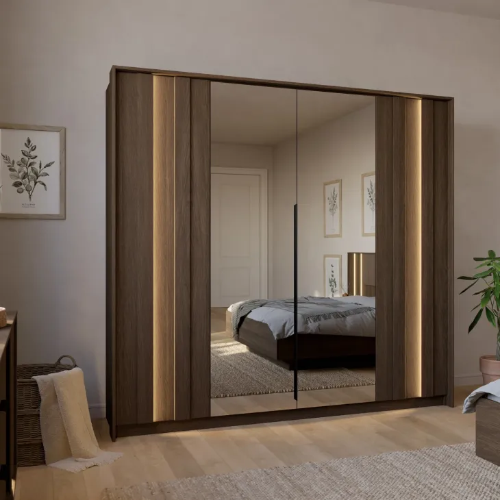 Armadio 223x210h cm con led e specchio 4 ante camera da letto noce Bois