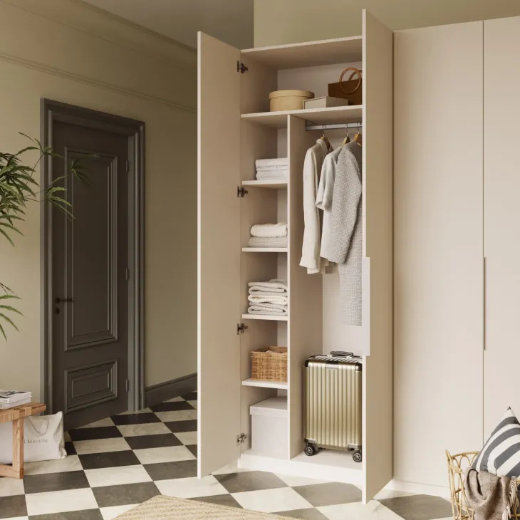 Attrezzatura interna con vani e tubo appendiabiti per armadio modulo 90cm con beige cashmere Batty