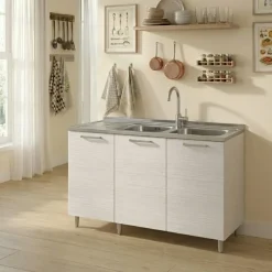 Base sottolavello 120x83h cm con doppio lavello e gocciolatoio a sinistra 3 ante bianco frassinato Talise