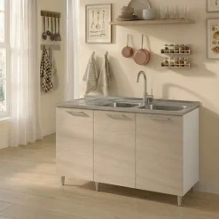 Base sottolavello 120x83h cm con doppio lavello e gocciolatoio a sinistra 3 ante bianco rovere olmo Talise