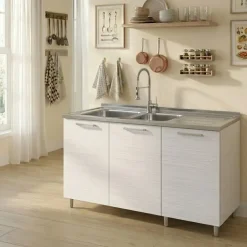 Base sottolavello 120x83h cm con doppio lavello e gocciolatoio a destra 3 ante bianco frassinato Talise