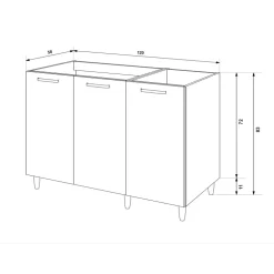 Base sottolavello 120x83h cm con doppio lavello e gocciolatoio a destra 3 ante bianco rovere olmo Talise