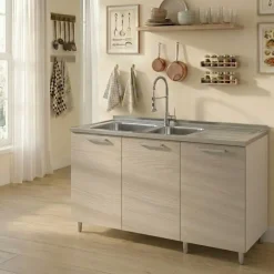 Base sottolavello 120x83h cm con doppio lavello e gocciolatoio a destra 3 ante bianco rovere olmo Talise