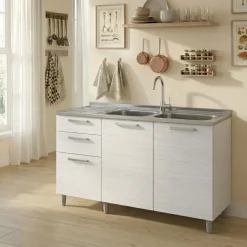 Base sottolavello 120x83h cm con doppio lavello e gocciolatoio a sinistra 2 ante 3 cassetti bianco frassinato Talise