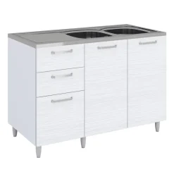 Base sottolavello 120x83h cm con doppio lavello e gocciolatoio a sinistra 2 ante 3 cassetti bianco frassinato Talise