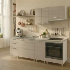 Base sottolavello 120x83h cm con doppio lavello e gocciolatoio a sinistra 2 ante 3 cassetti bianco rovere olmo Talise