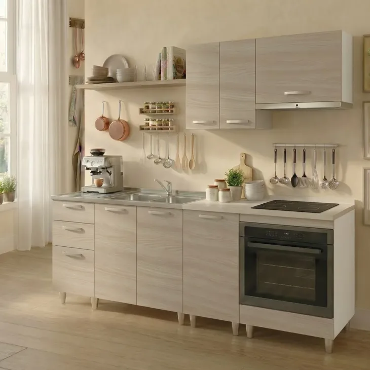 Base sottolavello 120x83h cm con doppio lavello e gocciolatoio a sinistra 2 ante 3 cassetti bianco rovere olmo Talise