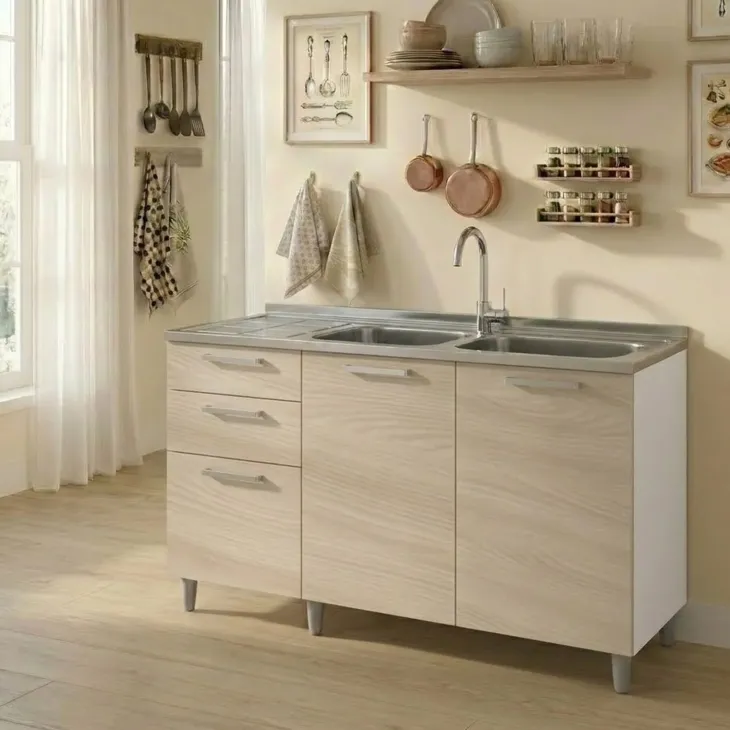 Base sottolavello 120x83h cm con doppio lavello e gocciolatoio a sinistra 2 ante 3 cassetti bianco rovere olmo Talise