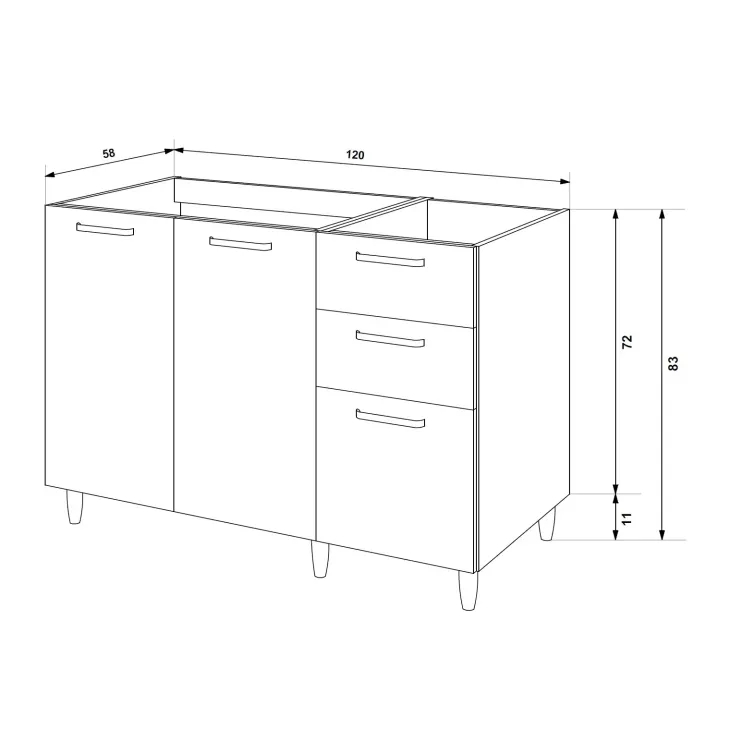 Base sottolavello 120x83h cm con doppio lavello e gocciolatoio a sinistra 2 ante 3 cassetti bianco rovere olmo Talise