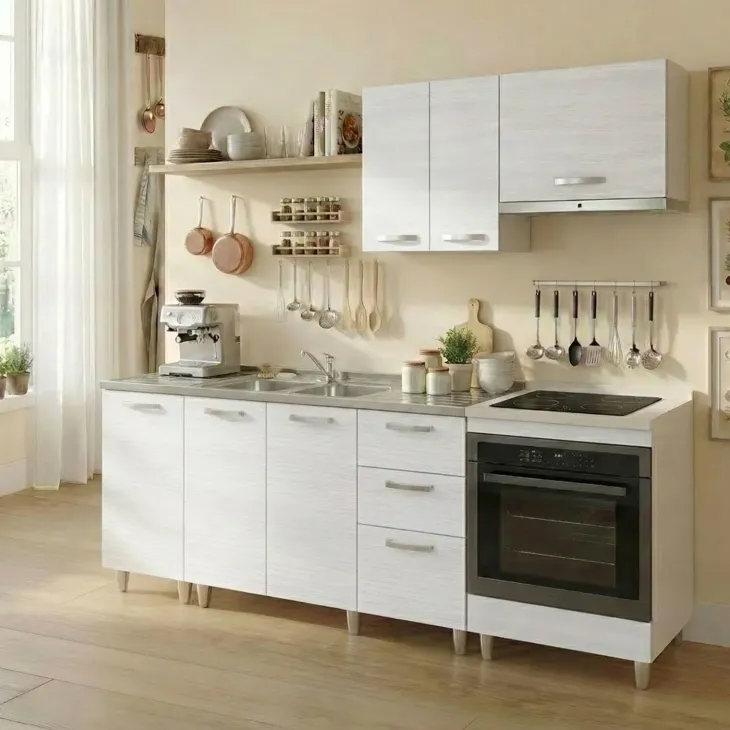 Base sottolavello 120x83h cm con doppio lavello e gocciolatoio a destra 2 ante 3 cassetti bianco frassinato Talise