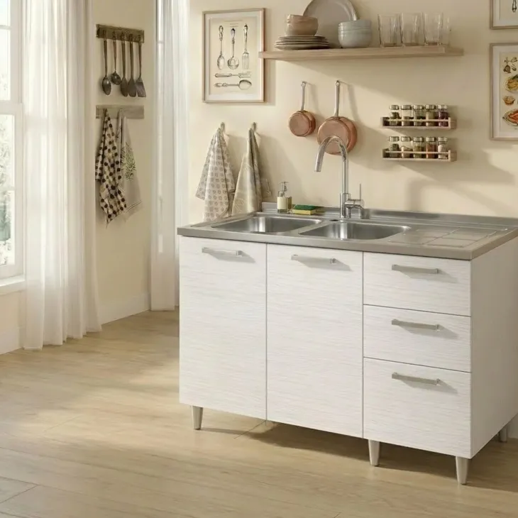 Base sottolavello 120x83h cm con doppio lavello e gocciolatoio a destra 2 ante 3 cassetti bianco frassinato Talise