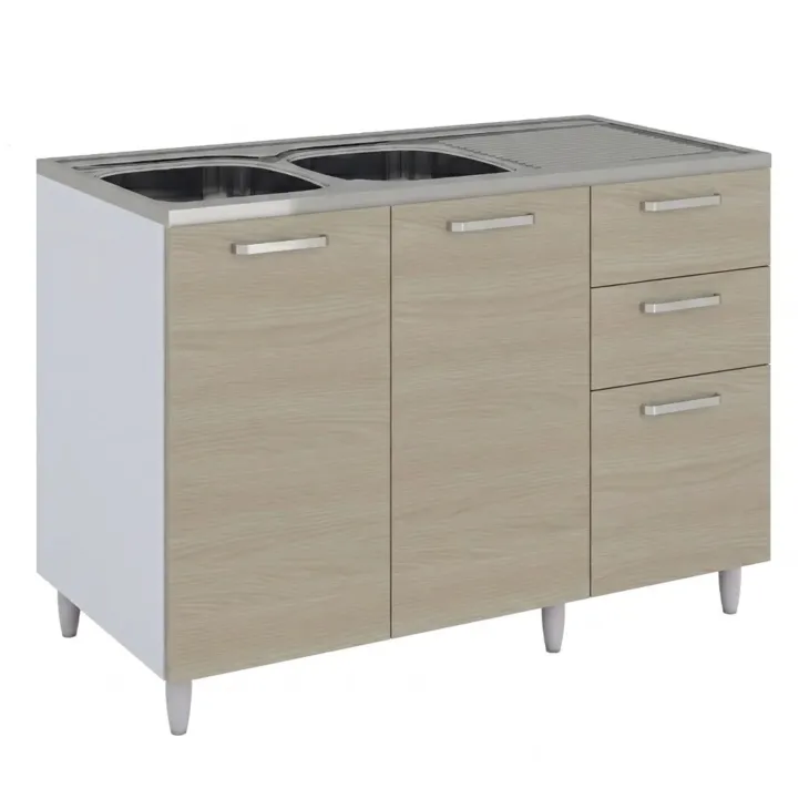 Base sottolavello 120x83h cm con doppio lavello e gocciolatoio a destra 2 ante 3 cassetti bianco rovere olmo Talise