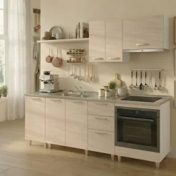 Base sottolavello 120x83h cm con doppio lavello e gocciolatoio a destra 2 ante 3 cassetti bianco rovere olmo Talise