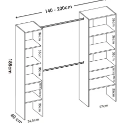 Cabina armadio allungabile 140/200x185h cm con cassetti e appendiabiti bianco Kora