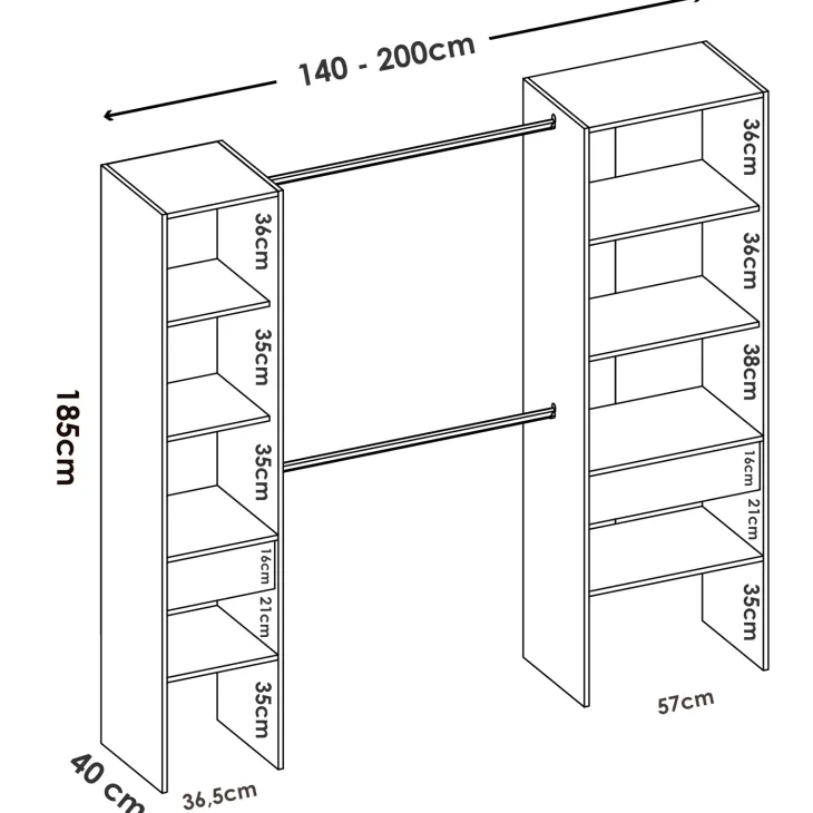 Cabina armadio allungabile 140/200x185h cm con cassetti e appendiabiti bianco Kora