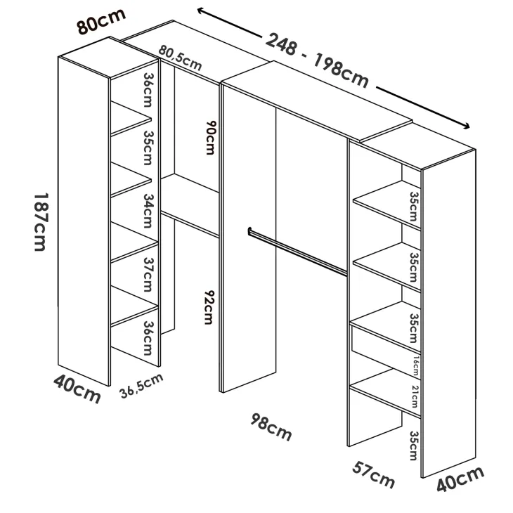Cabina armadio angolare allungabile 198/248x187h cm con cassetto e appendiabiti bianco Kora