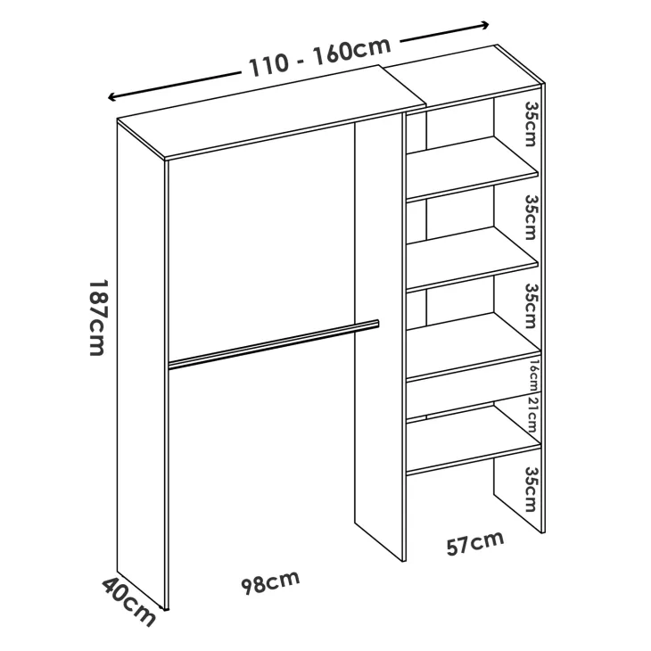 Cabina armadio angolare allungabile 198/248x187h cm con cassetto e appendiabiti bianco Kora