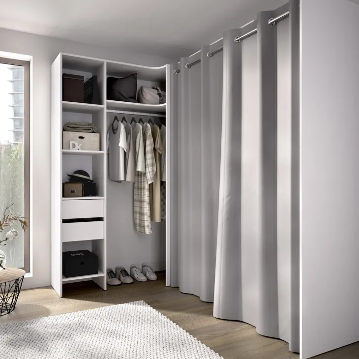 Cabina armadio angolare allungabile 164/214x205h cm con tenda bianco Rivo