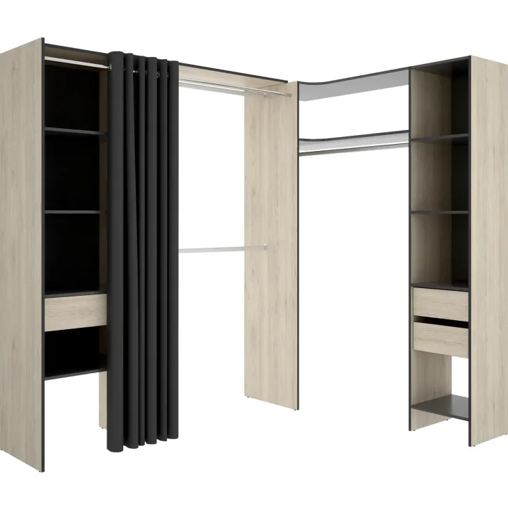 Cabina armadio angolare allungabile 164/214x205h cm con tenda rovere grigio Rivo