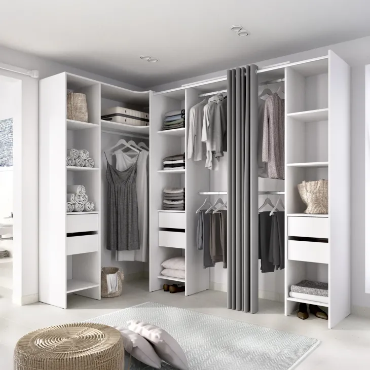 Cabina armadio angolare allungabile 164/232x205h cm con cassetti e tenda bianco Rivo