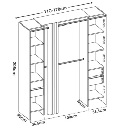 Cabina armadio angolare allungabile 164/232x205h cm con cassetti e tenda bianco Rivo