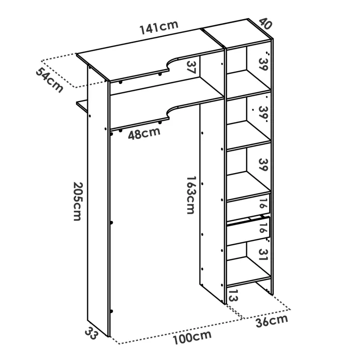 Cabina armadio angolare allungabile 164/232x205h cm con cassetti e tenda bianco Rivo