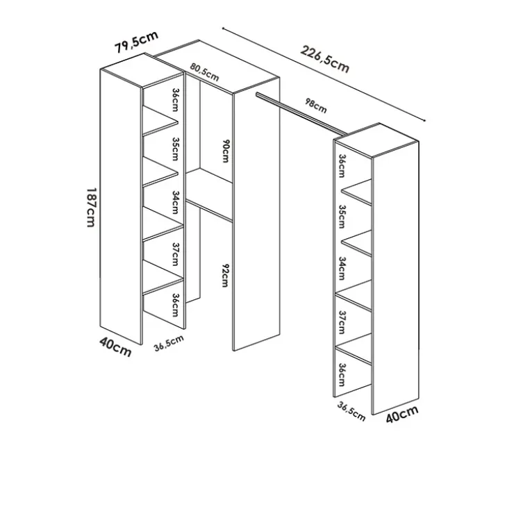 Cabina armadio angolare 226x186h cm 3 scomparti con appendiabiti bianco Soler