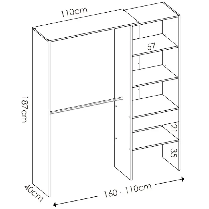 Cabina armadio 160x187h cm allungabile reversibile moderno aperto bianco Mobik