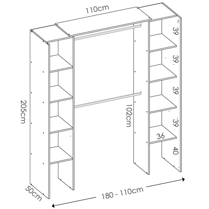 Cabina armadio 180x205h cm allungabile moderno aperto con tenda rovere grafite Simpli