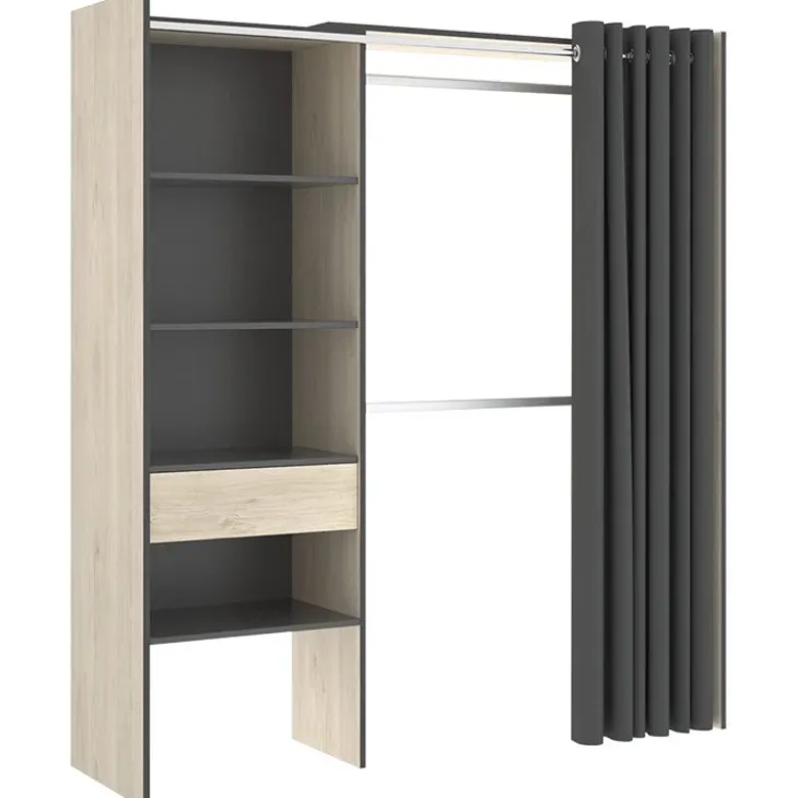 Cabina armadio 160x205h cm allungabile moderno con tenda rovere grafite Gover